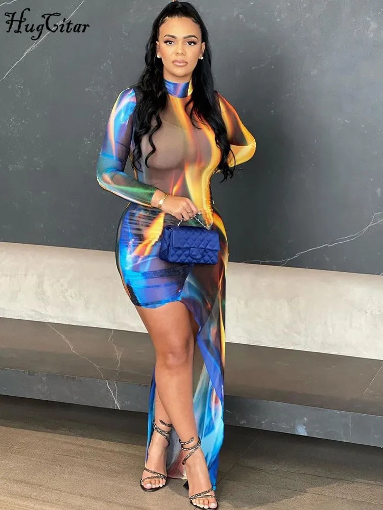 Colorful Long Sleeve Irregular Sexy Slim Dress Women Fashion