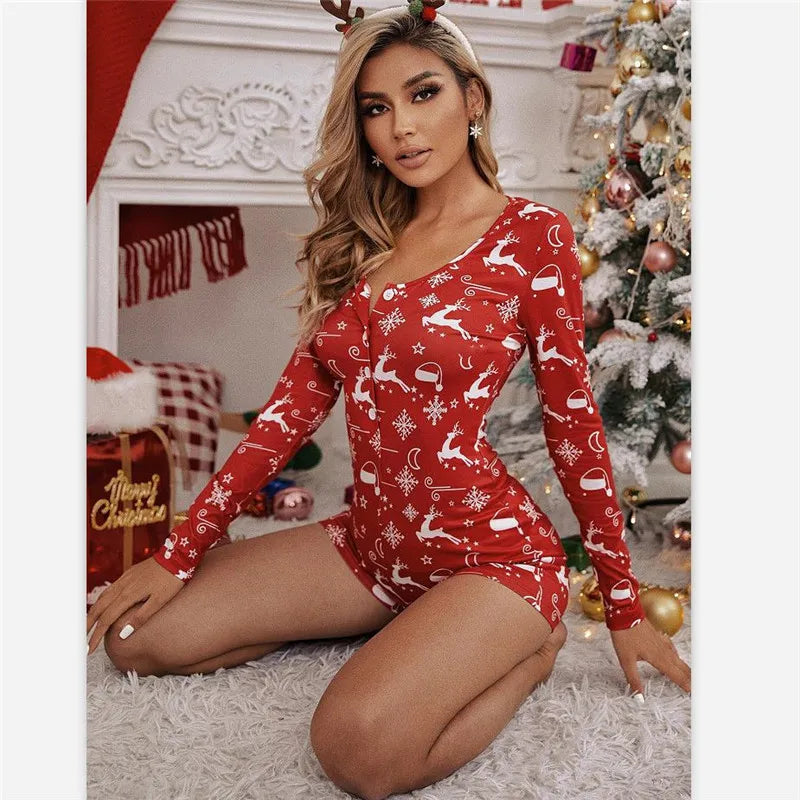 Christmas Printed V-neck Bodysuit Pajama Romper for Women