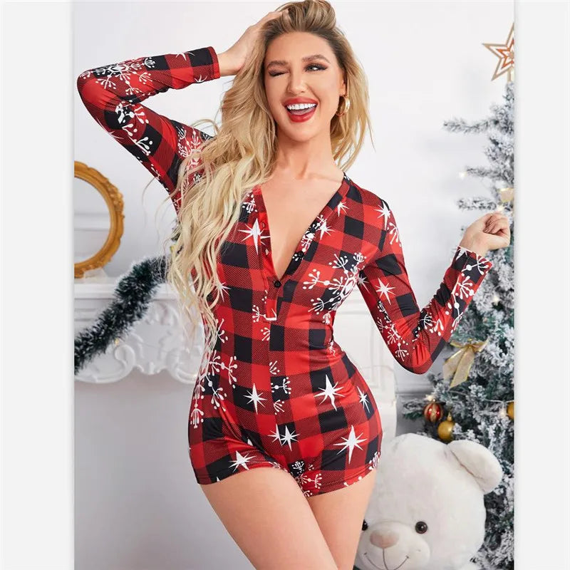 Christmas Printed V-neck Bodysuit Pajama Romper for Women
