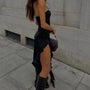 Women Strapless Sexy Floral Fold Hemline High Slit Mini Dress