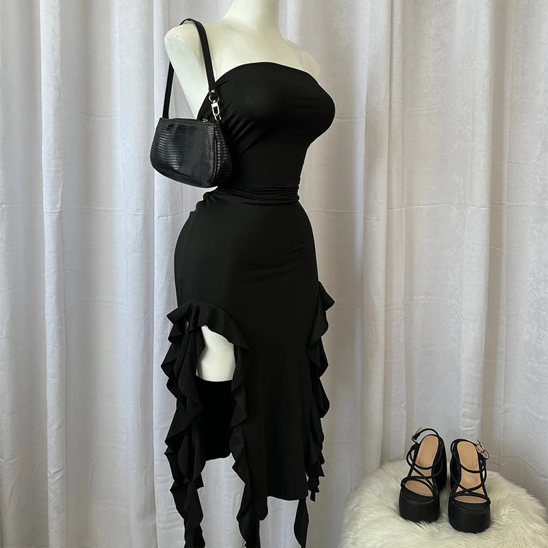 Women Strapless Sexy Floral Fold Hemline High Slit Mini Dress