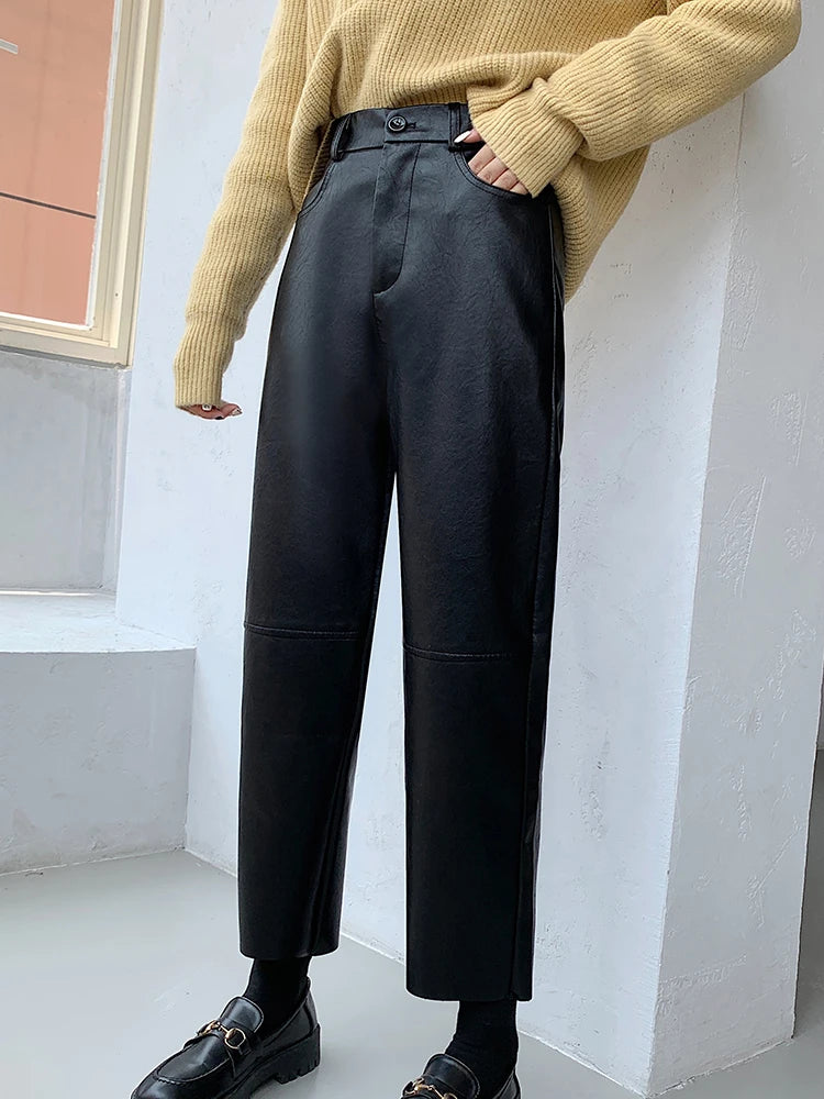 Fall Winter PU Leather Pants High Waist Pockets Harem Faux Leather Trousers