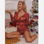 Christmas Printed V-neck Bodysuit Pajama Romper for Women
