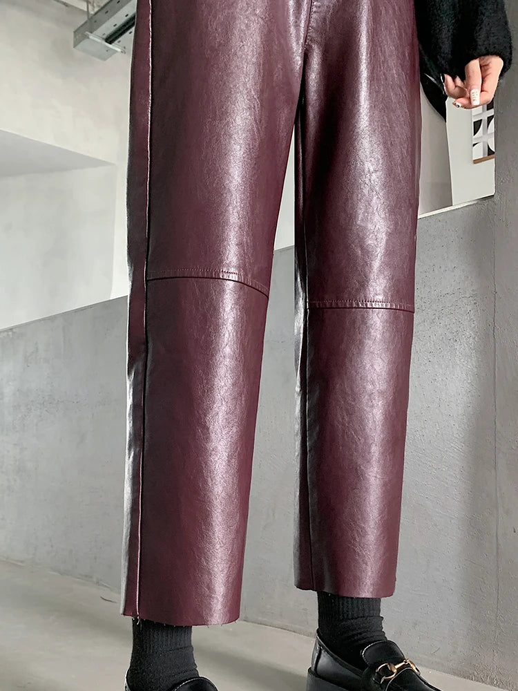 Fall Winter PU Leather Pants High Waist Pockets Harem Faux Leather Trousers