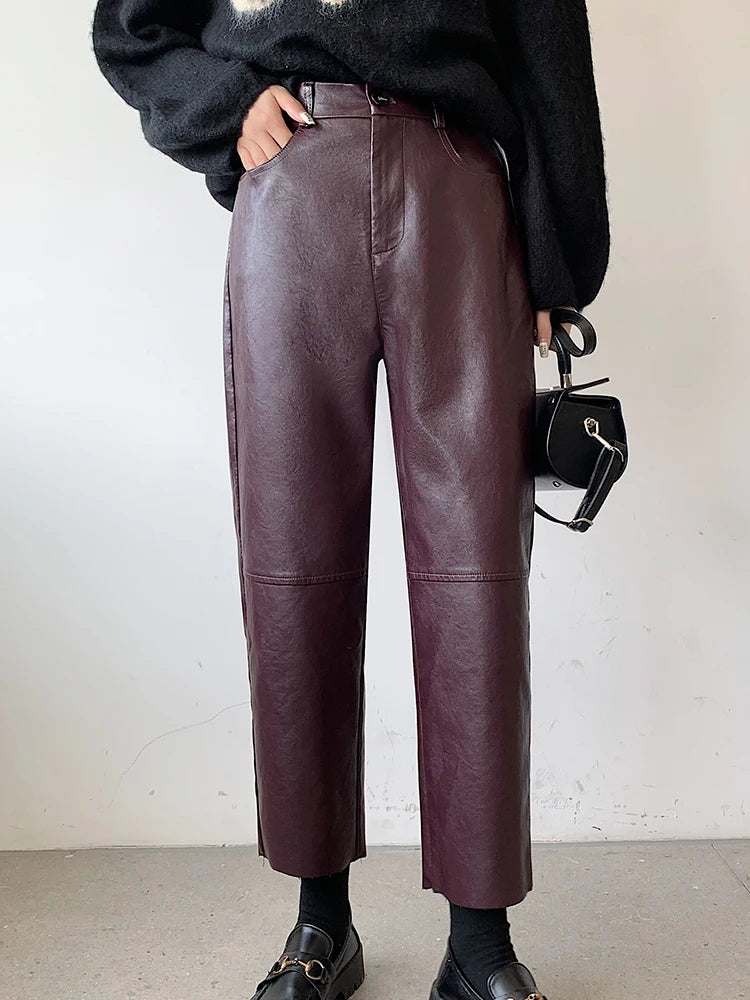 Fall Winter PU Leather Pants High Waist Pockets Harem Faux Leather Trousers