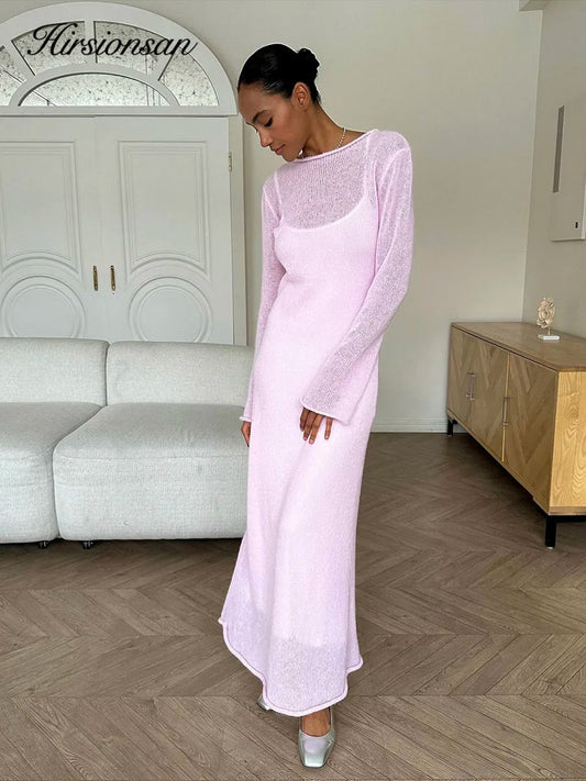 Hirsionsan Autumn Elastic Knit Long Dresses Women